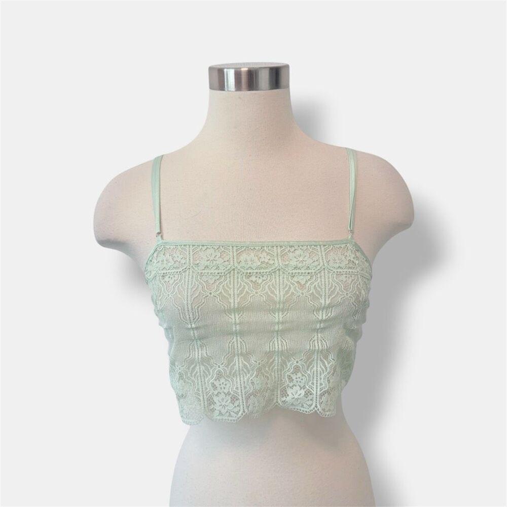 Savage X Fenty Green Tank Top Sheer Lace Tie Open Back Lingerie Small Cami